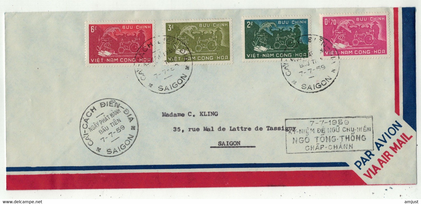 Viêt-Nam // Vietnam Du Sud //  Lettre FDC 1er Jour Pour Saigon 7/7/1959 Grand Format - Vietnam