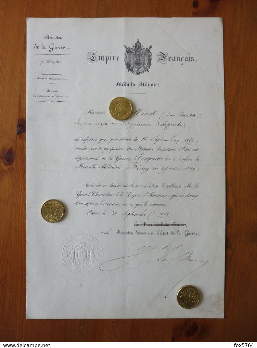 LOT DECORATIONS DIPLOMES SECOND EMPIRE / NAPOLEON 3 / CAMPAGNE ITALIE / MEDAILLE MILITAIRE / LEGION HONNEUR / ORIGINAUX - Voor 1871