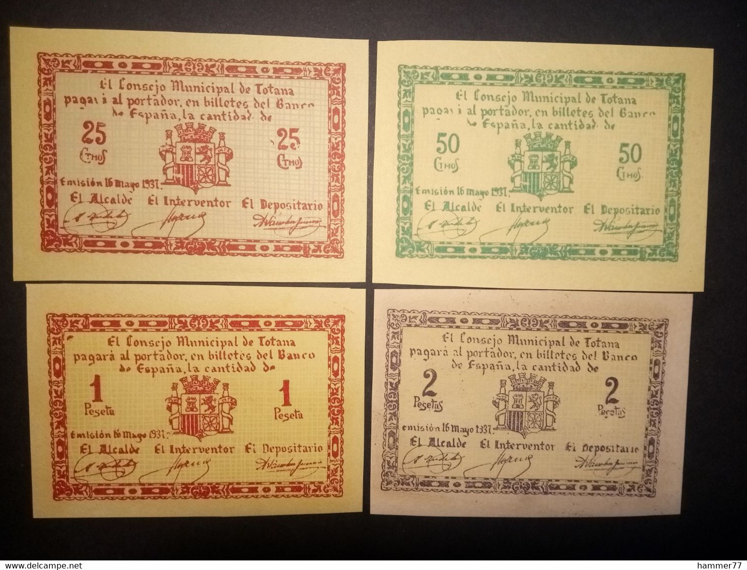 Spain 1937: Totana 1 + 2 Pesetas, 25 + 50 Centimos - Verzamelingen