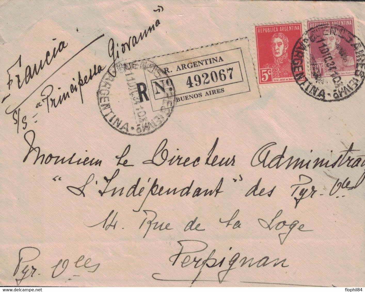 ARGENTINE - BUENOS AIRES - LETTRE RECOMMANDEE POUR LA FRANCE - 11-12-1934 - PAR PAQUEBOT - SS PRINCESSE GIOVANNA" - Lettres & Documents