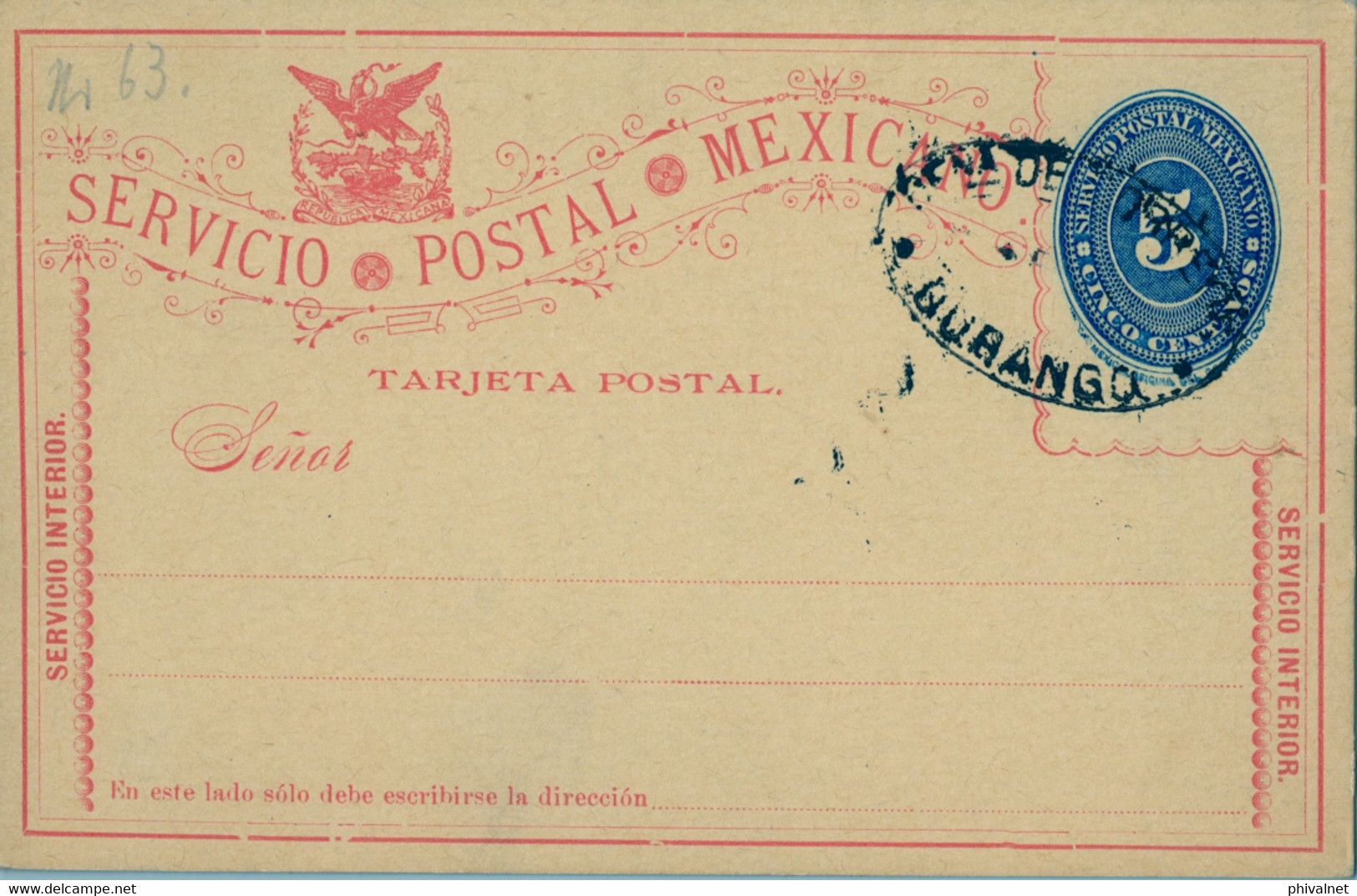 MÉXICO , TARJETA ENTERO POSTAL DE 5 CENTAVOS CON MARCA OVAL " OFICINA DE CORREOS / DURANGO " - México