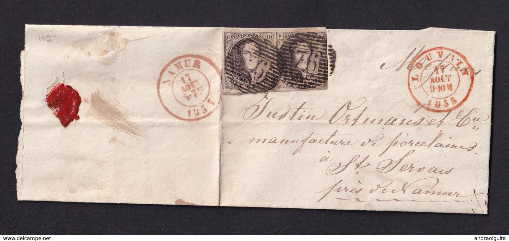 DDZ 093 - Lettre Paire TP Médaillon (BdF + Voisin) Barres 76 LOUVAIN 1855 Vers ST SERVAIS - Signée Vandermeulen - 1851-1857 Medaillons (6/8)