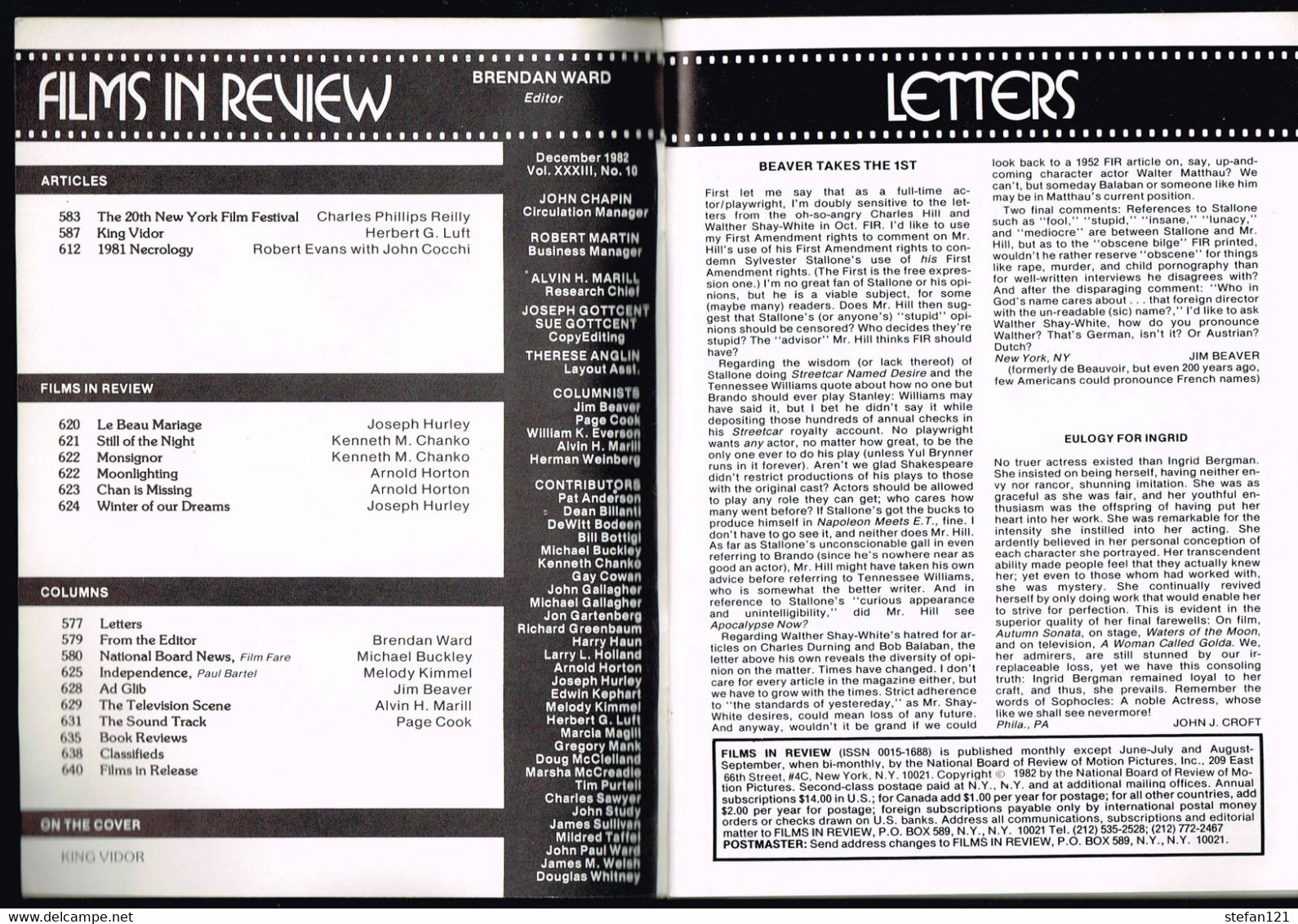 Films In Review - December 1982 - Pages 576 A 640 19 X 14 Cm - Cultural