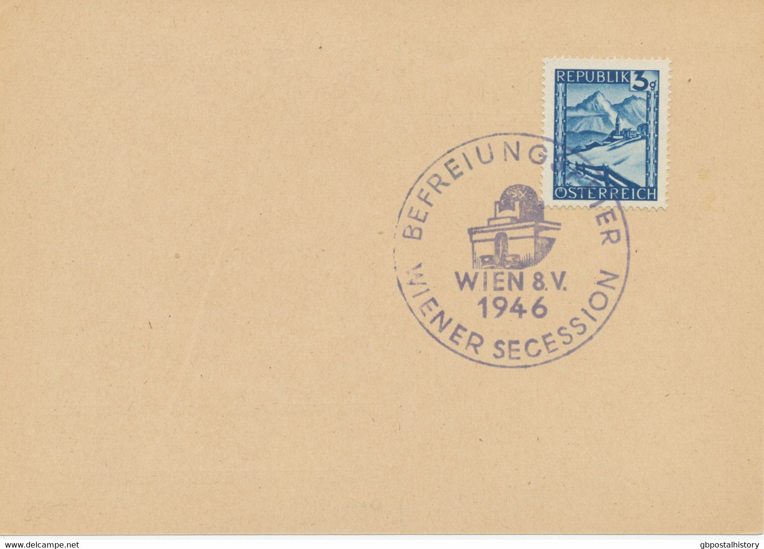 ÖSTERREICH SONDERSTEMPEL 1946 „BEFREIUNGSFEIER WIENER SECESSION WIEN 8.V.1946“ In Seltene Blauviolette Farbe - Briefe U. Dokumente