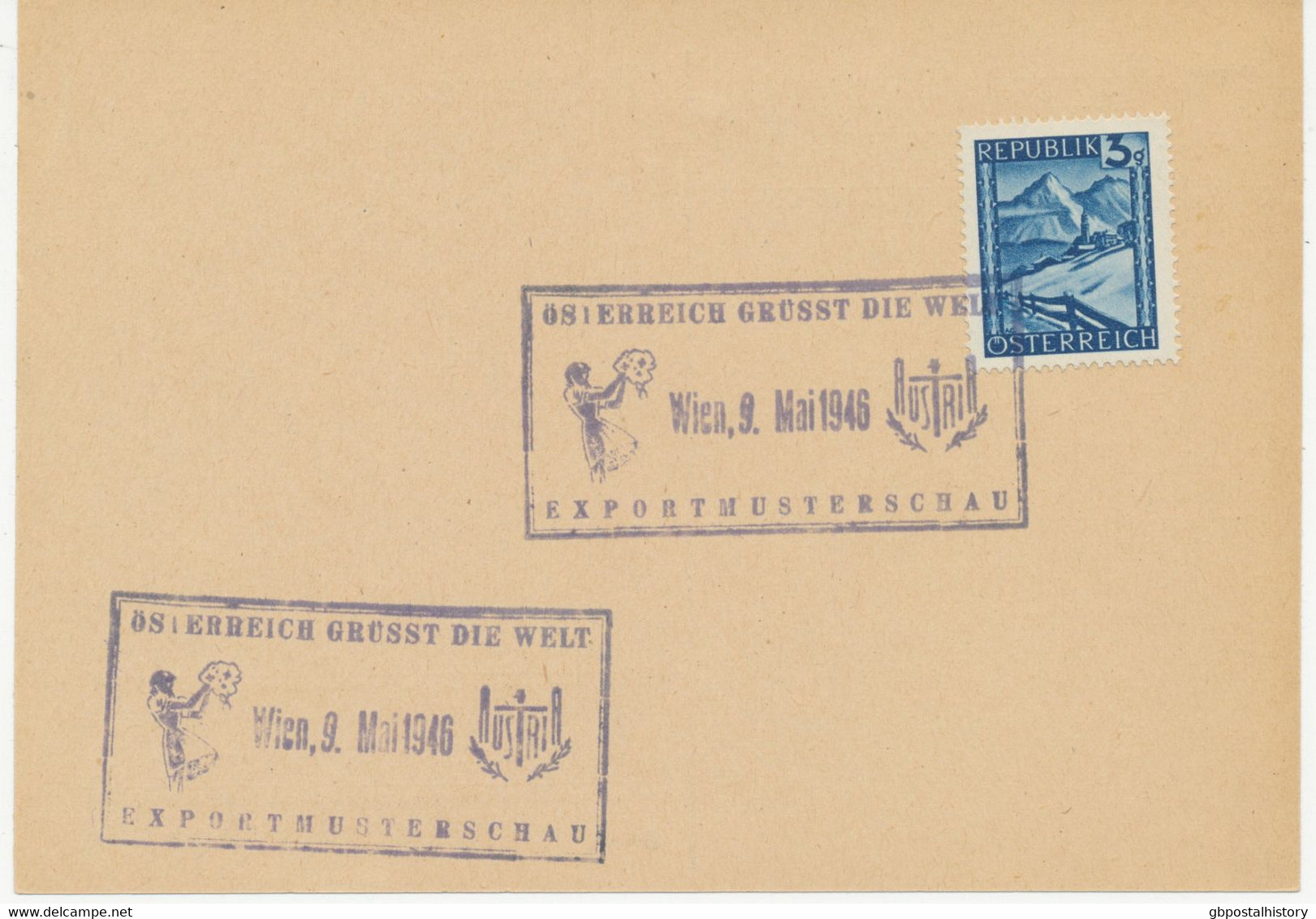 ÖSTERREICH SONDERSTEMPEL 1946 „ÖSTERREICH GRÜSST DIE WELT – EXPORTMUSTERSCHAU – WIEN, 9. MAI 1946“ - Cartas & Documentos