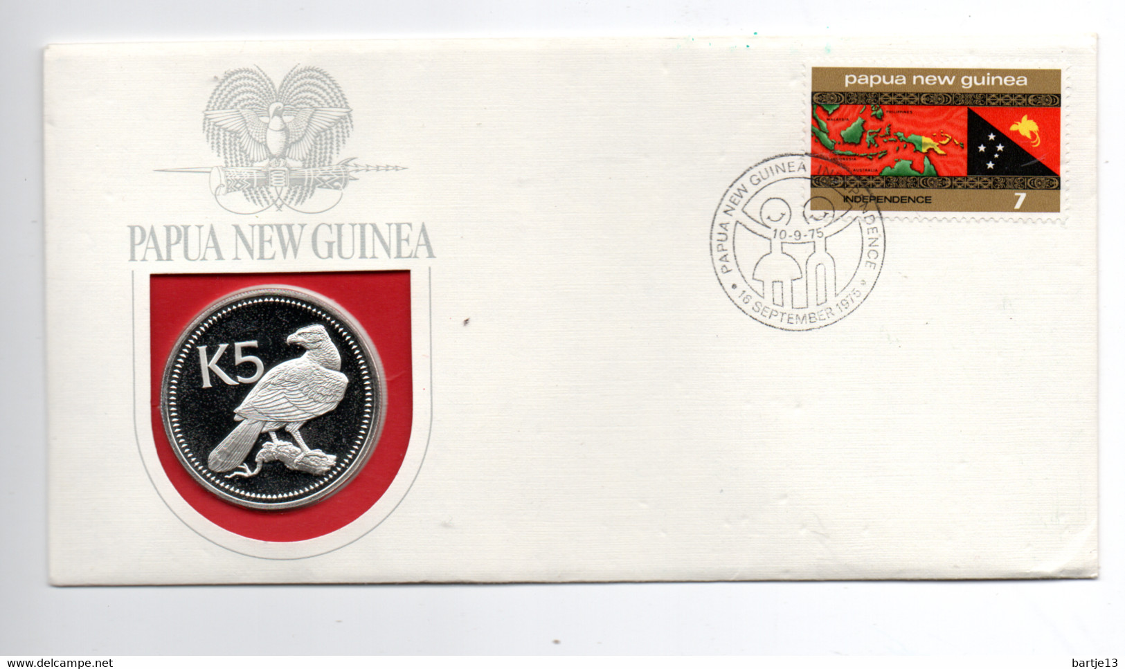 PAPOEA NEW GUINEA 5 KINA 1975 ZILVER 27,60 GRAM PROOF VOGEL BIRD IN 1E DAG ENVELOP - Papua New Guinea