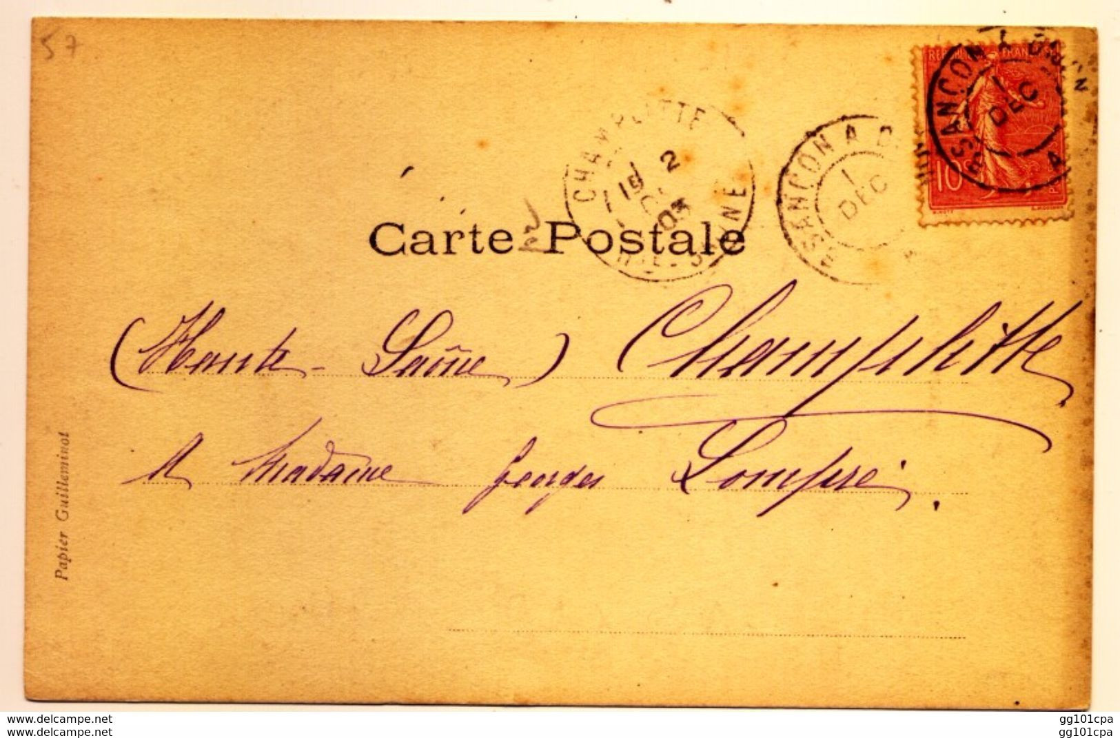 Rare Cachet Ambulant "Bsançon A Dijon Dec 1903" Lettre "e" Absente Semeuse Indice Pothion=11 Cp Fantaisie - Railway Post