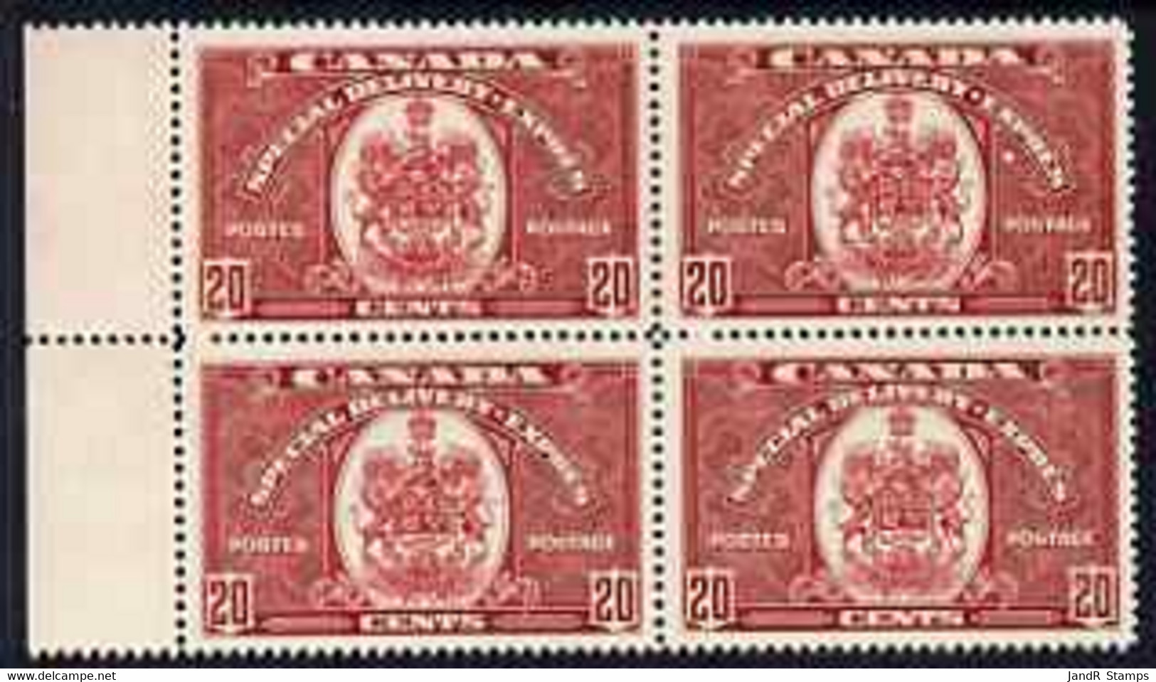 Canada 1938-39 Special Delivery 20c Scarlet (Arms Of Canada) Marginal Block Of 4 Superb U/m, SG S10 Cat £160 - Nuevos