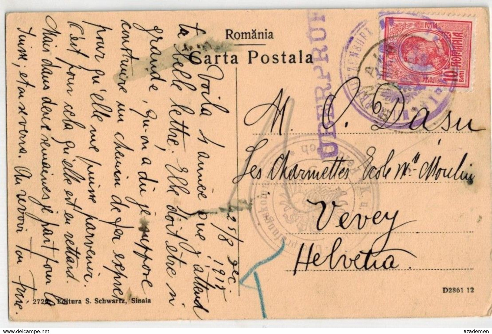 Cp De Sinaia Pour La Suisse, Avec Censure Autrichienne 1915 - World War 1 Letters