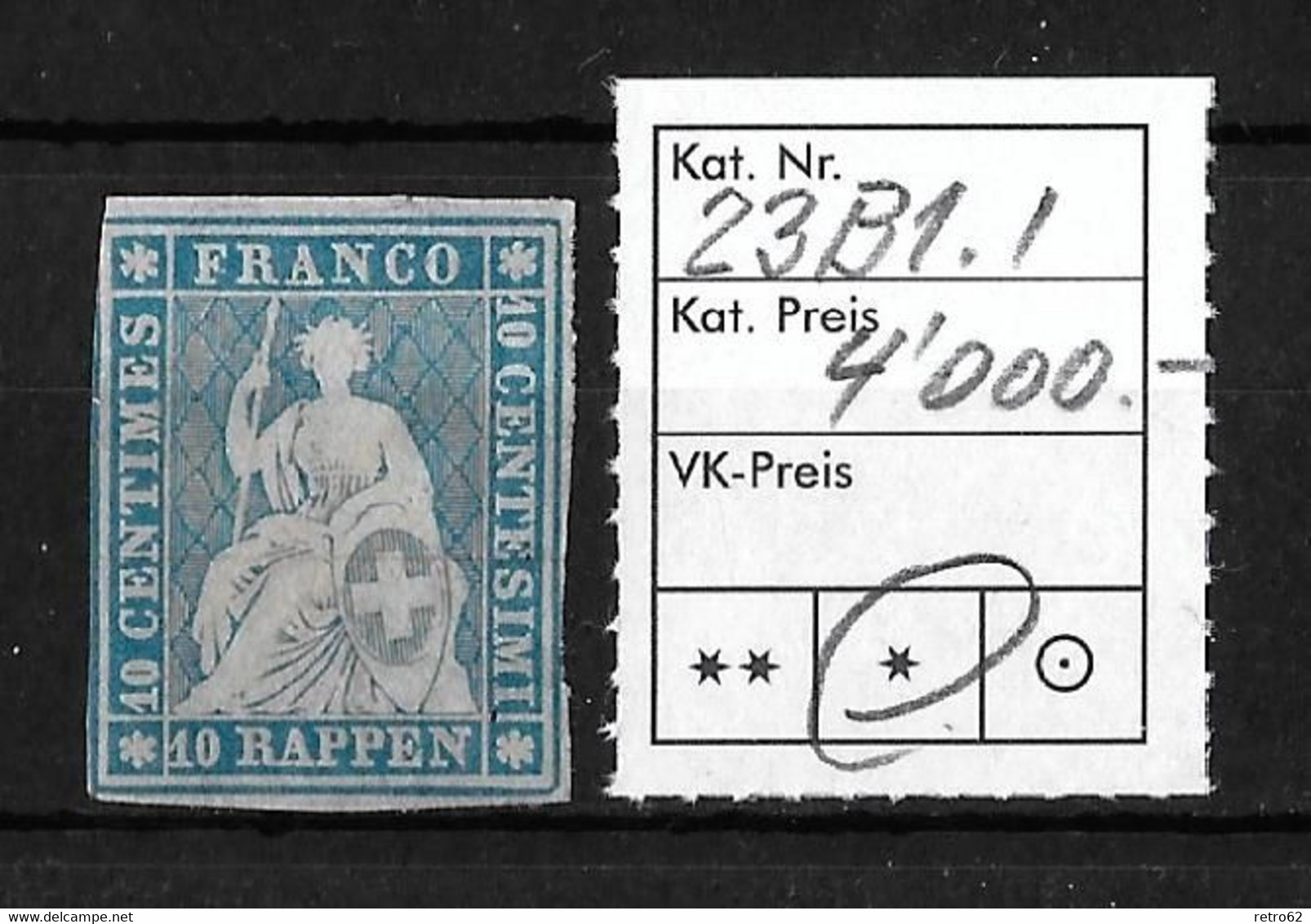 1854-1862 Helvetia (ungezähnt) → Ungebraucht, Ohne Gummi   ►SBK-23B1.I / Vollrandig, Links Oben Leicht Berührt◄ - Unused Stamps