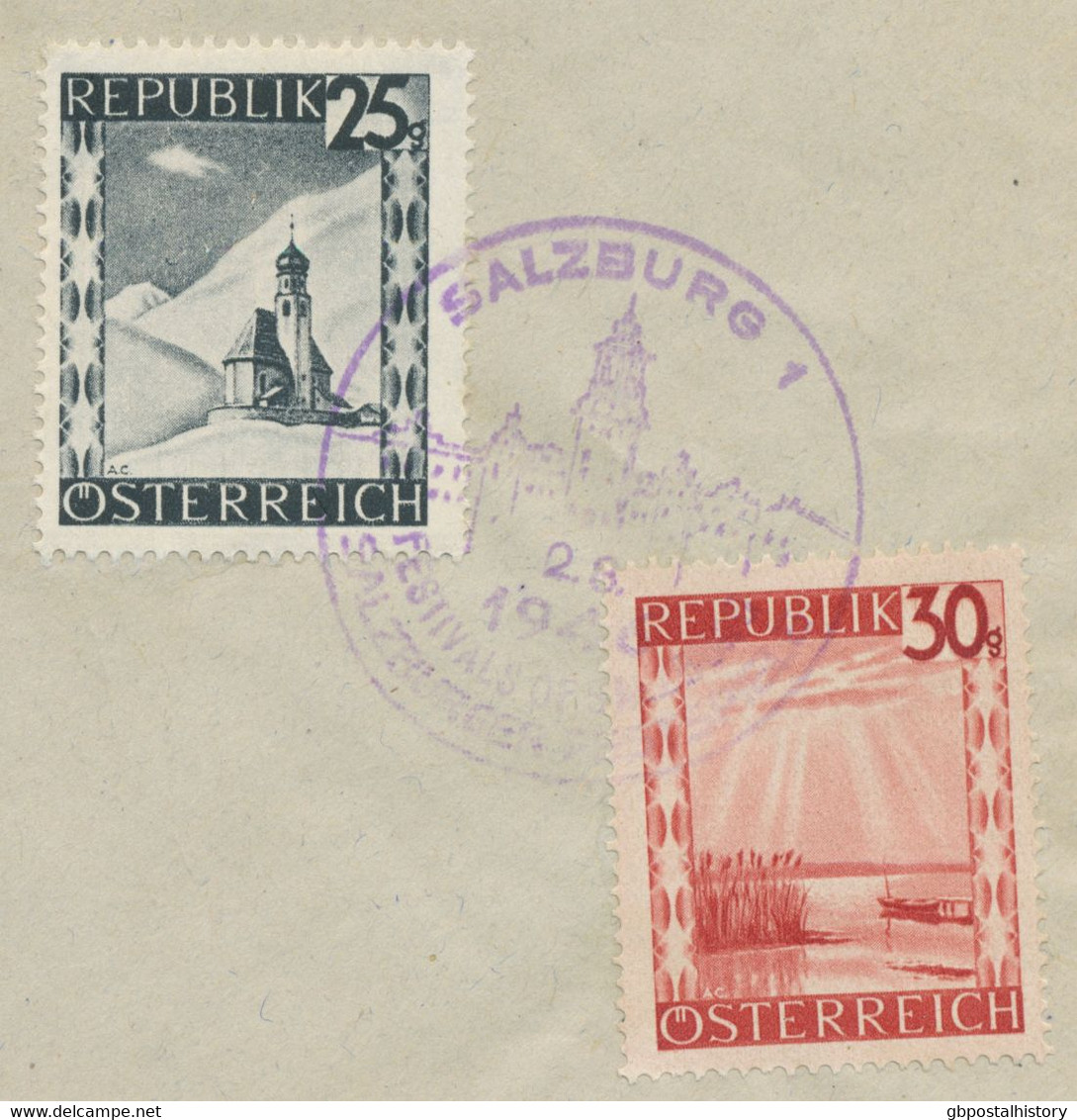 ÖSTERREICH SONDERSTEMPEL 1946„SALZBURG 1 – FESTIVALS OF SALZBURG – SALZBURGER FESTSPIELE“ In Sehr Seltene Violette Farbe - Lettres & Documents