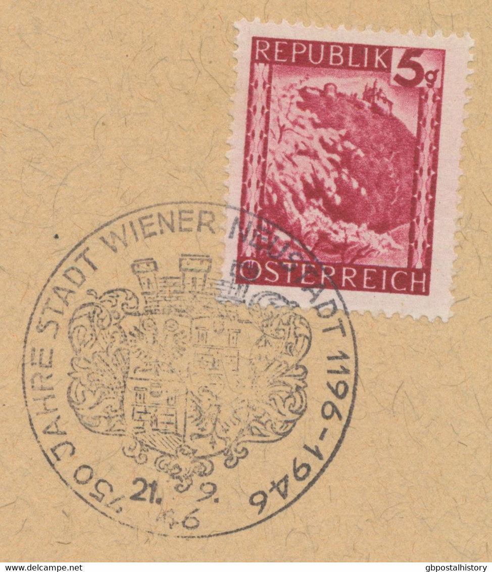 ÖSTERREICH SONDERSTEMPEL 1946 „750 JAHRE WIENER NEUSTADT 1196-1946 21.9.46“ Auf Ditto Festkarte, Extrem Selten, R! - Cartas & Documentos