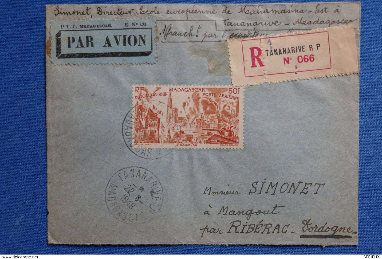 S7 MADAGASCAR BELLE LETTRE RECOM.1948 TANANARIVE POUR RIBERAC+PA  50F  + AFFRANCH INTERESSANT - Airmail