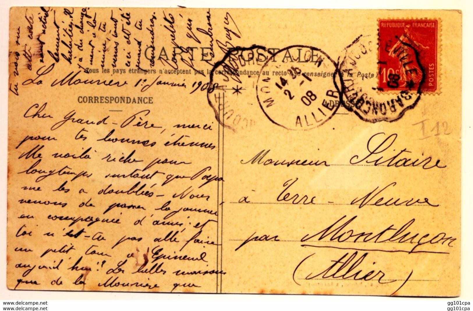 Rare Cachet Convoyeur "Baroncourt A Joudreville 1908" Semeuse Indice Pothion=12 Cp Landres - Railway Post
