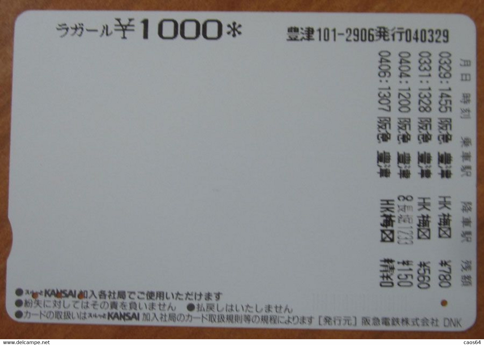 GIAPPONE Ticket Biglietto Frutta Fruits - Kansai Railway  Lagare Card 1.000 ¥ - Usato - Monde