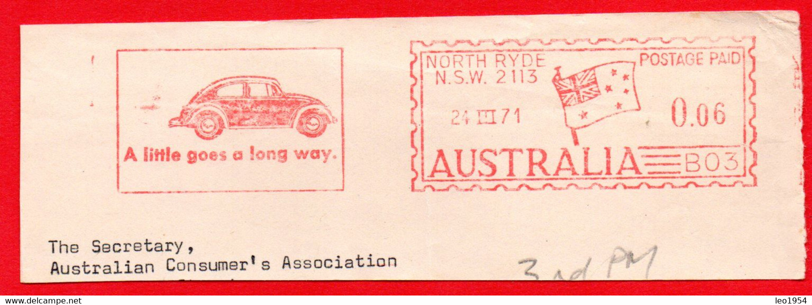 1971 AUTO VW MAGGIOLINO BEETLE + SLOGAN - AUSTRALIA AFFRANCATURA ROSSA- EMA - METER MARK - FREISTEMPEL - Auto's