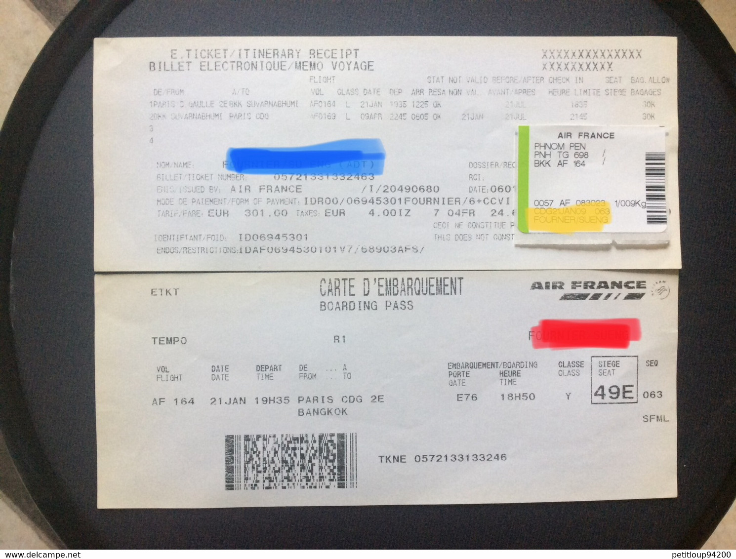 TICKET AIR FRANCE  Paris-Bangkok-Paris + CARTE D’EMBARQUEMENT AIR FRANCE Paris-Bangkok - Biglietti