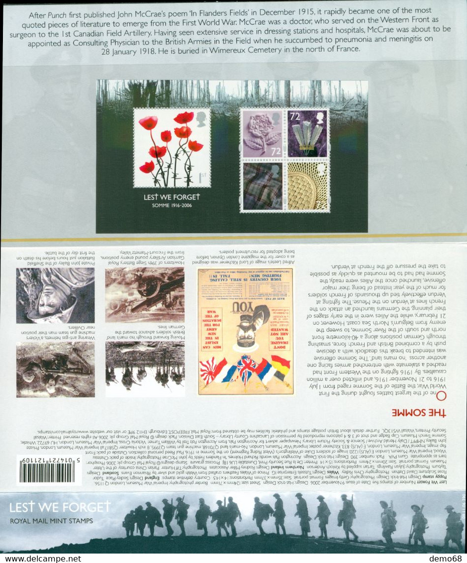 Stamp Timbre England Great Britain British Lest We Forget Somme 1916-2006 Feuillet Neuf 5 Royal Mail Mint Stamps - Sammlungen