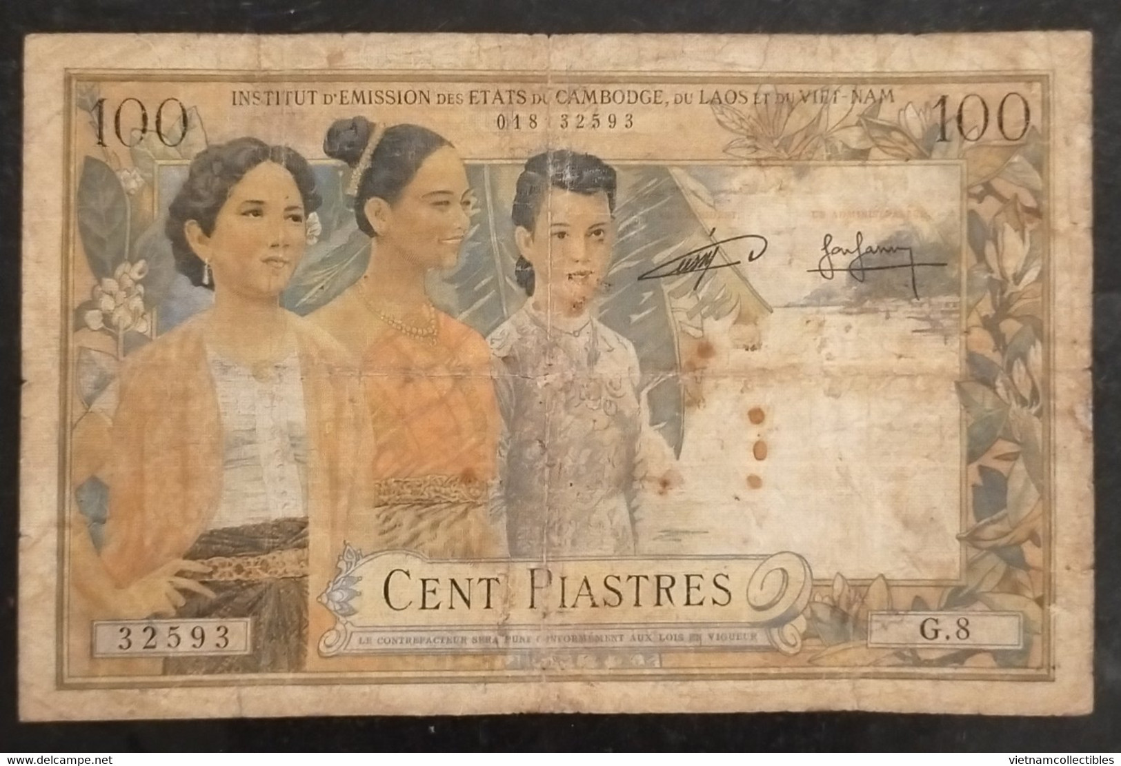 Indochina Indochine Vietnam Viet Nam Laos Cambodia 100 Piastres VF Banknote Note / Billet 1954 - Pick# 97 / 02 Photo - Indochine