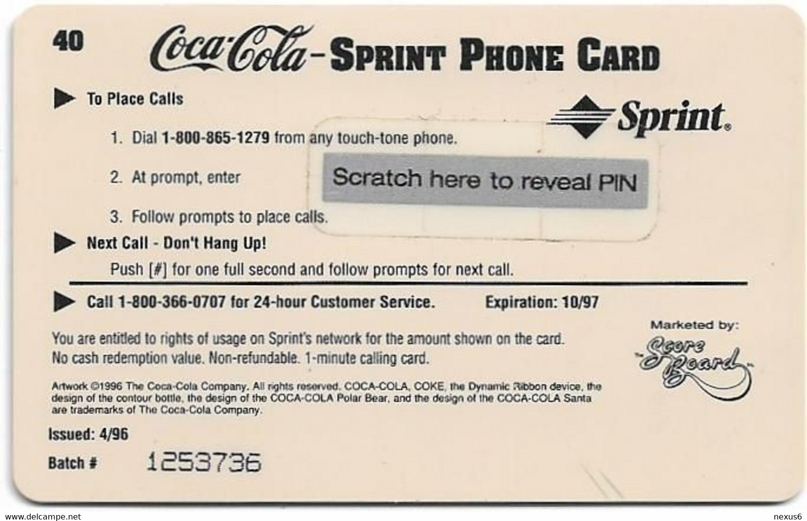 USA - Sprint - Coca Cola Score Board SBI - SBI-710 - Coca Cola #40, Remote Mem. 1$, 04.1996, Mint - Sprint