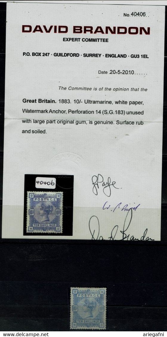 GREAT BRITAIN1883 VICTORIA 10sh ULTRAMARINE WHITE PAPER STAMP WITH CERTIFICATE SG 183a Cat £2500 MLH VF!! - Nuevos