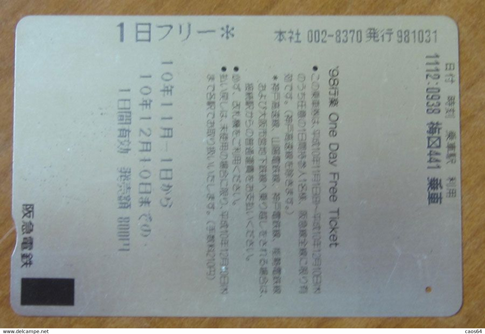 GIAPPONE Ticket Biglietto Treni Metro Bus 1998 One Day Free Ticket- Usato - World