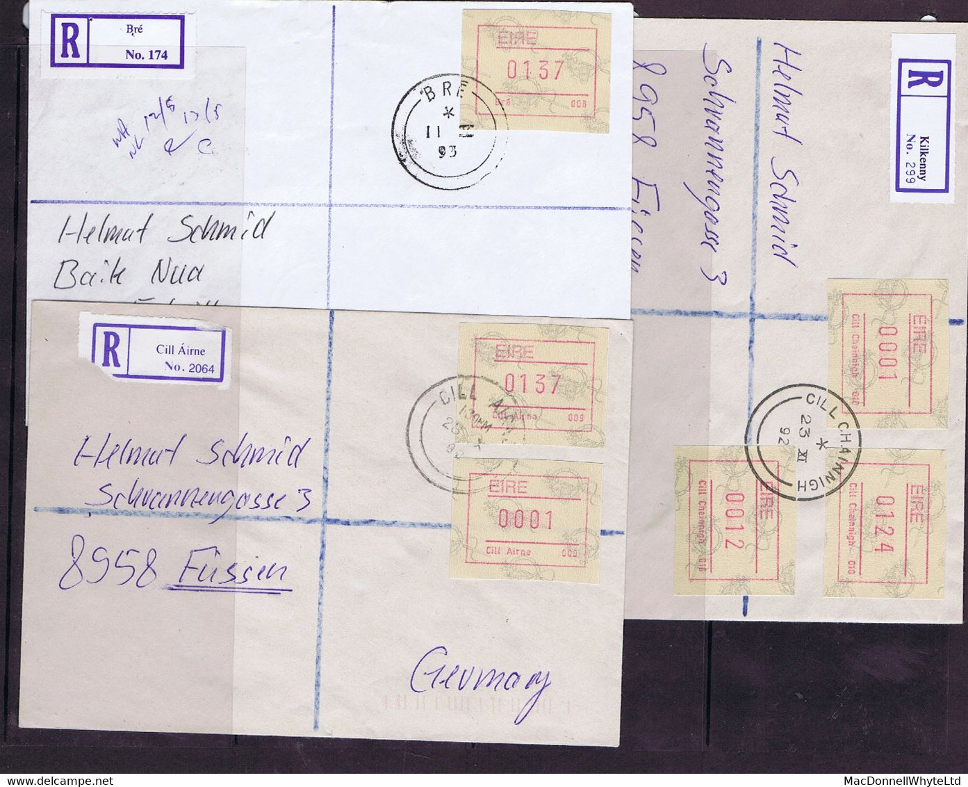 Ireland Registered 1992 Frama From Machines 1 To 10 On Individual Registered Covers, Mostly £1.37 Rate - Franking Labels