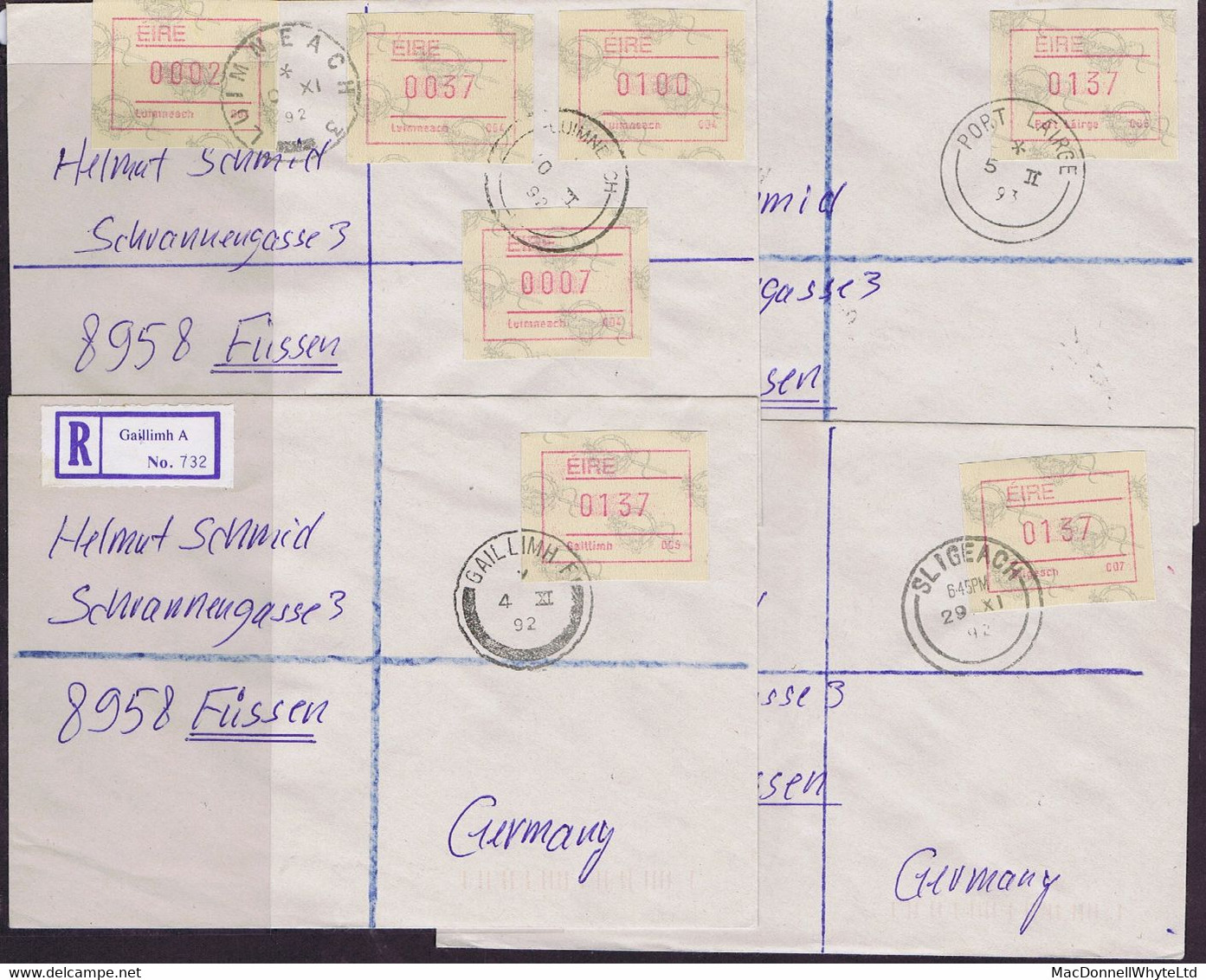 Ireland Registered 1992 Frama From Machines 1 To 10 On Individual Registered Covers, Mostly £1.37 Rate - Affrancature Meccaniche/Frama