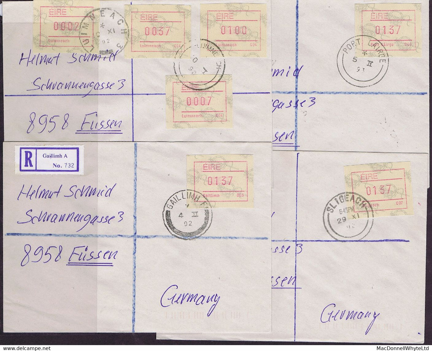 Ireland Registered 1992 Frama From Machines 1 To 10 On Individual Registered Covers, Mostly £1.37 Rate - Frankeervignetten (Frama)