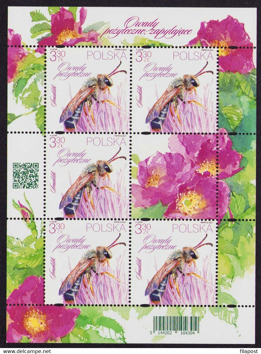 Poland 2021 Beneficial Insects / Bees And Bumblebees, Flowers, Insect, Animal, Bee, Nature / Full Sheet MNH** New!!! - Fogli Completi