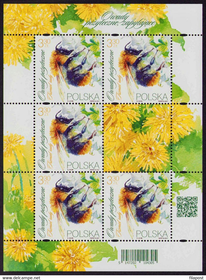 Poland 2021 Beneficial Insects / Bees And Bumblebees, Flowers, Insect, Animal, Bee, Nature / Full Sheet MNH** New!!! - Hojas Completas