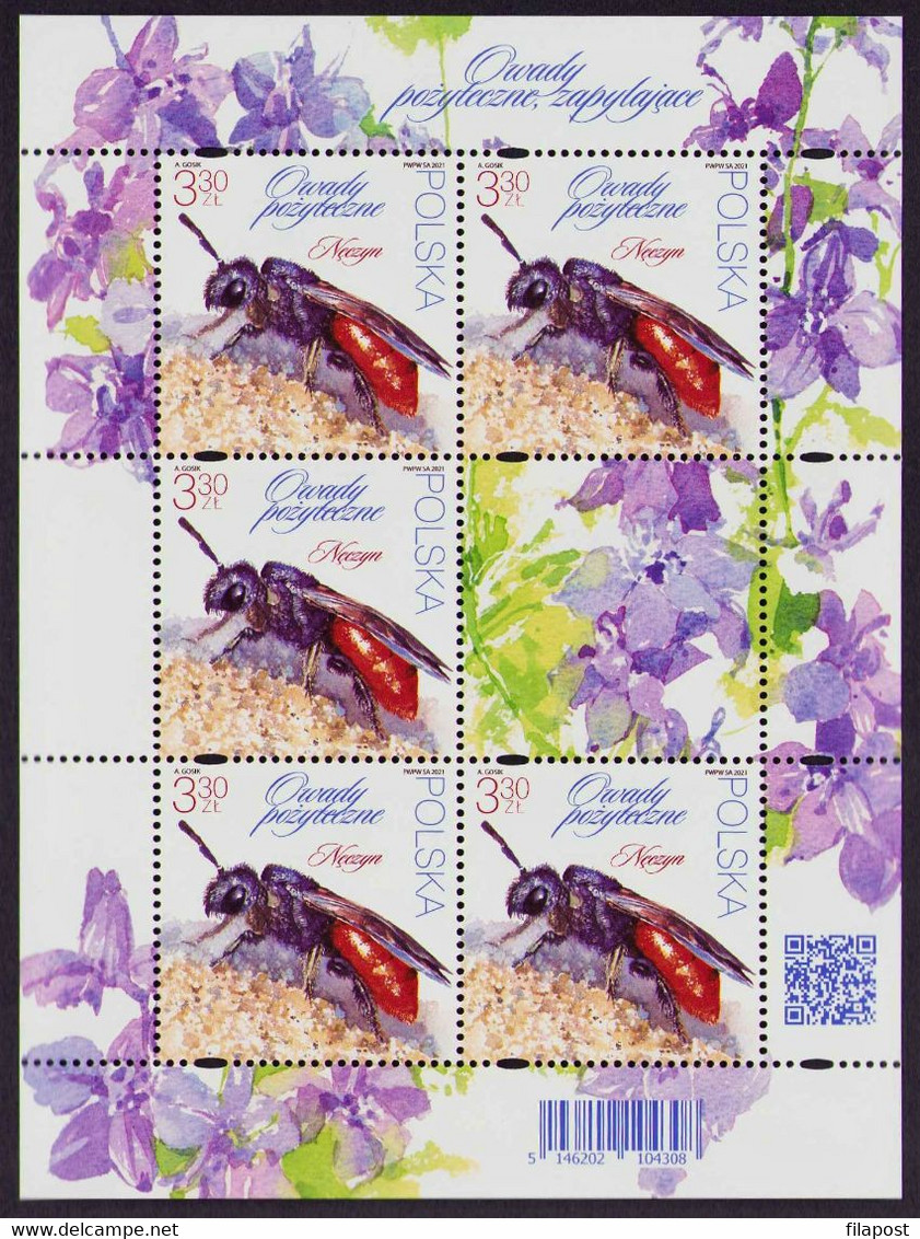 Poland 2021 Beneficial Insects / Bees And Bumblebees, Flowers, Insect, Animal, Bee, Nature / Full Sheet MNH** New!!! - Fogli Completi