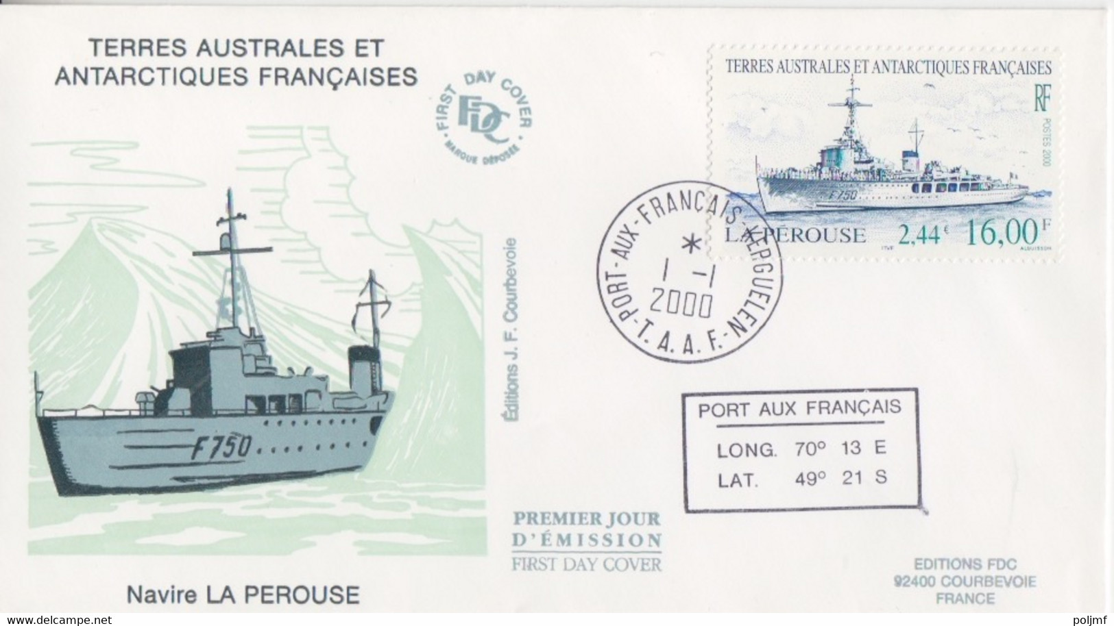 Kerguelen, FDC Du N° 267 (le La Pérouse) Obl. Premier Jour Le 1/1/00 + Coordonnées - Lettres & Documents