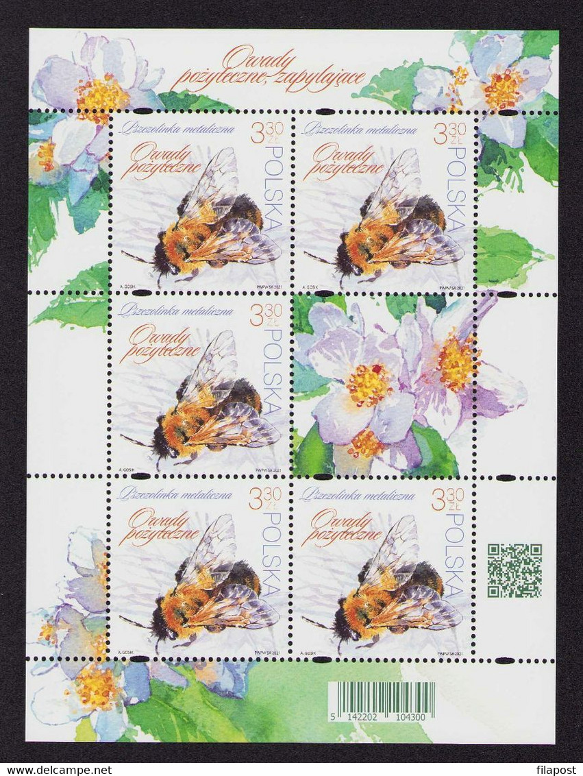 Poland 2021 Beneficial Insects / Bees And Bumblebees, Flowers, Insect, Animal, Bee, Nature / Full Sheet MNH** New!!! - Fogli Completi