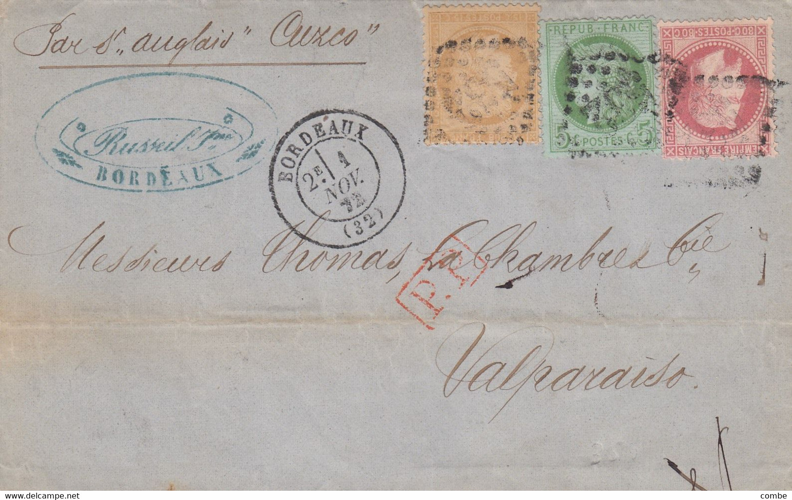 LETTRE. 1 NOV 1872. POUR LE CHILI. TRICOLOR. TARIF 1 Fr. PAR STEAMER ANGLAIS AUZCO - 1849-1876: Periodo Clásico