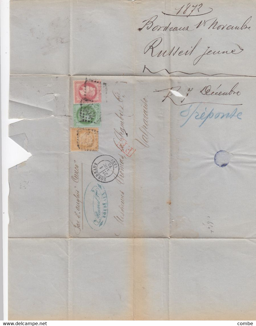 LETTRE. 1 NOV 1872. POUR LE CHILI. TRICOLOR. TARIF 1 Fr. PAR STEAMER ANGLAIS AUZCO - 1849-1876: Periodo Clásico