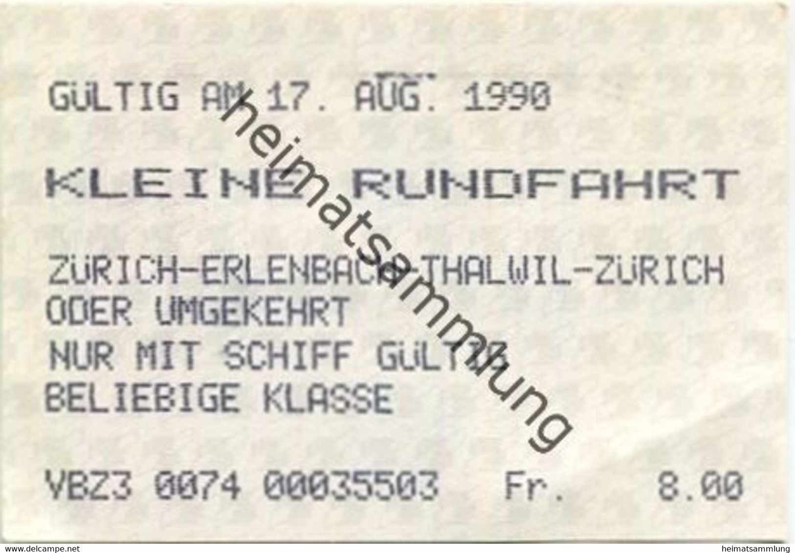 Schweiz - Zürichsee - Kleine Rundfahrt - Zürich Erlenbach Thalwil Zürich Oder Umgekehrt - Nur Mit Schiff - Fahrkarte 199 - Europe