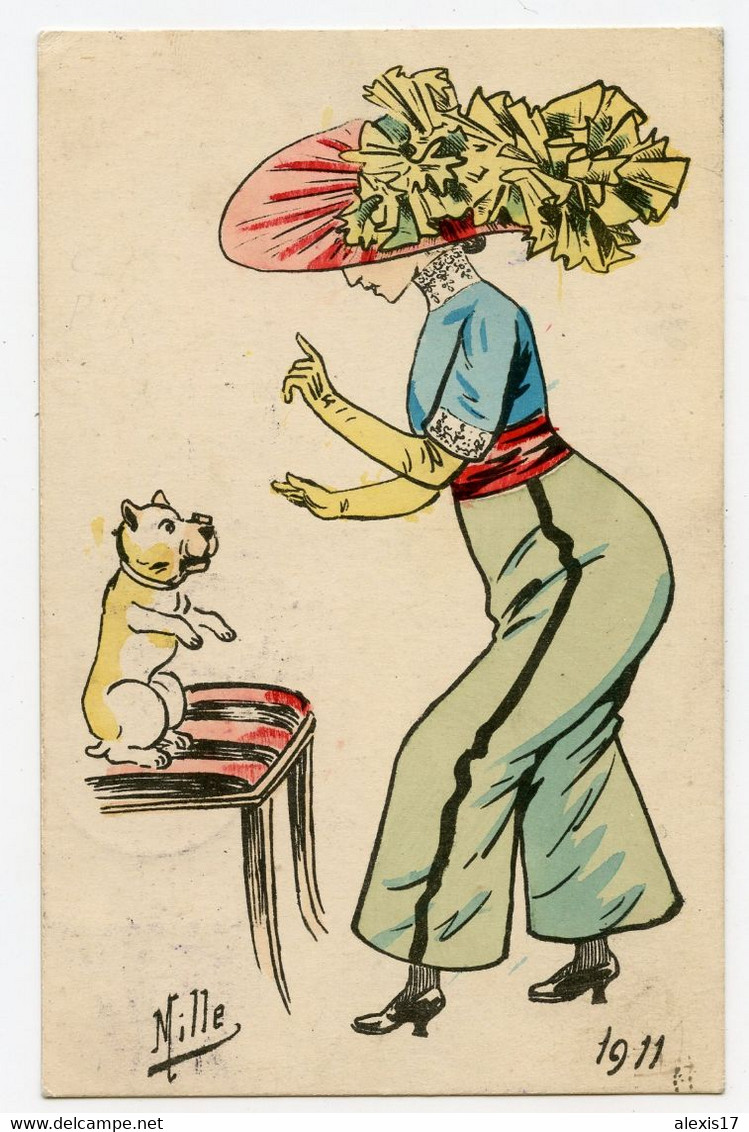 Illustrateur Mille. Les élégantes. Femme Grand Chapeau. Woman, Sucre Sur Le Nez Du Petit Chien - Mille