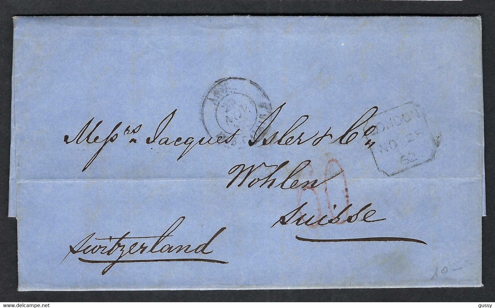 GRANDE BRETAGNE Préphilatélie 1862: LAC De Londres Pour La Suisse, Taxée 60 Centimes - ...-1840 Préphilatélie