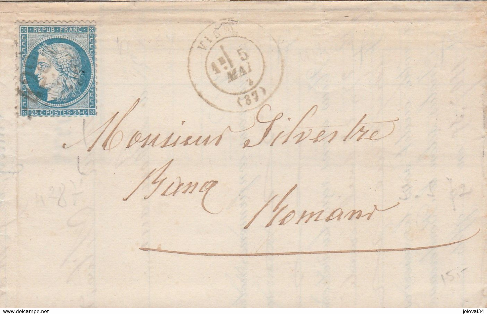 Yvert 60A Lettre VINAY Isère 5/5/1872 GC 4287 Pour Romans - 1849-1876: Classic Period