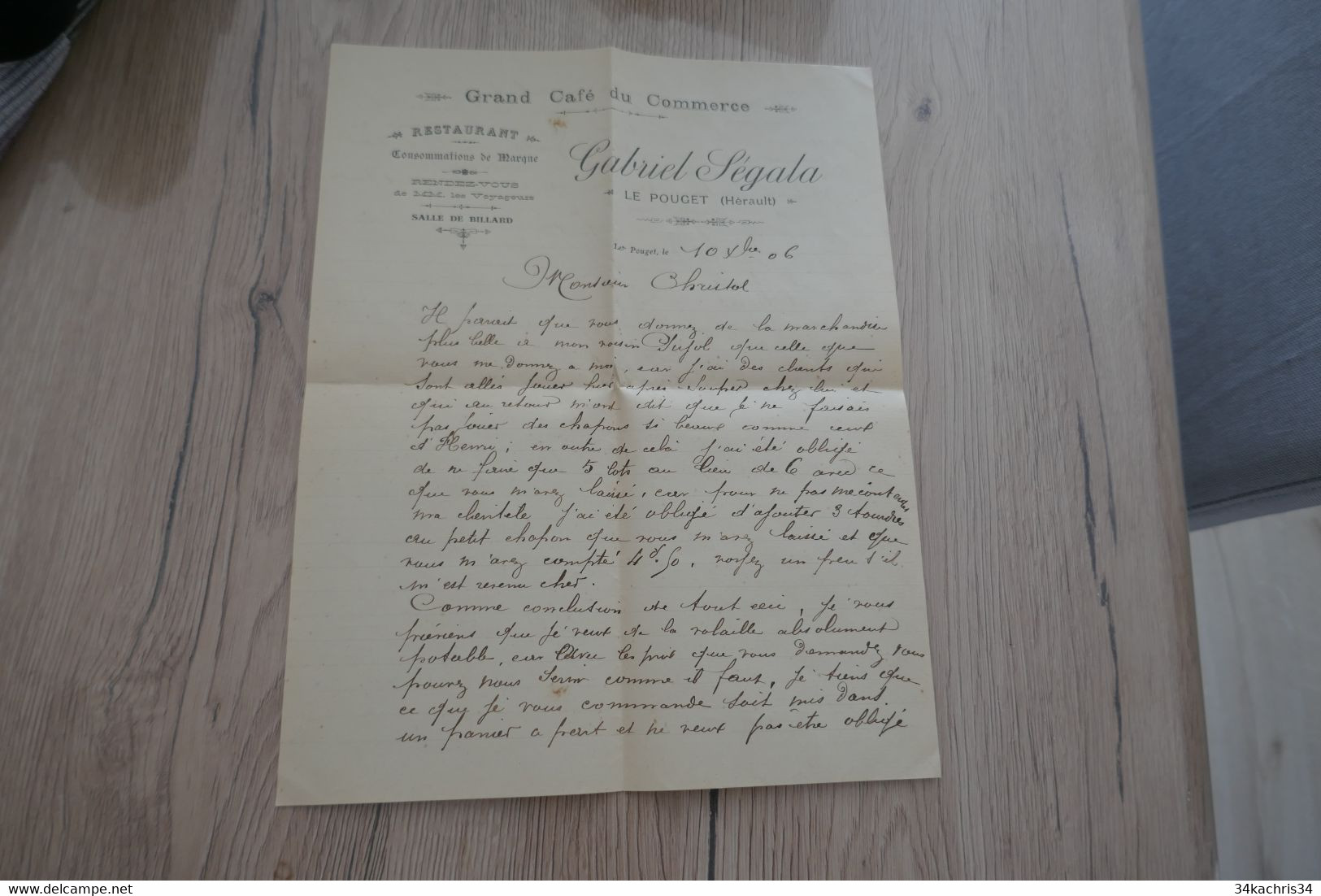 Lettre Pub + Lettre à En Tête Grand Café Du Commerce Gabriel Ségala Le Pouget Hérault 1908 - Ambachten