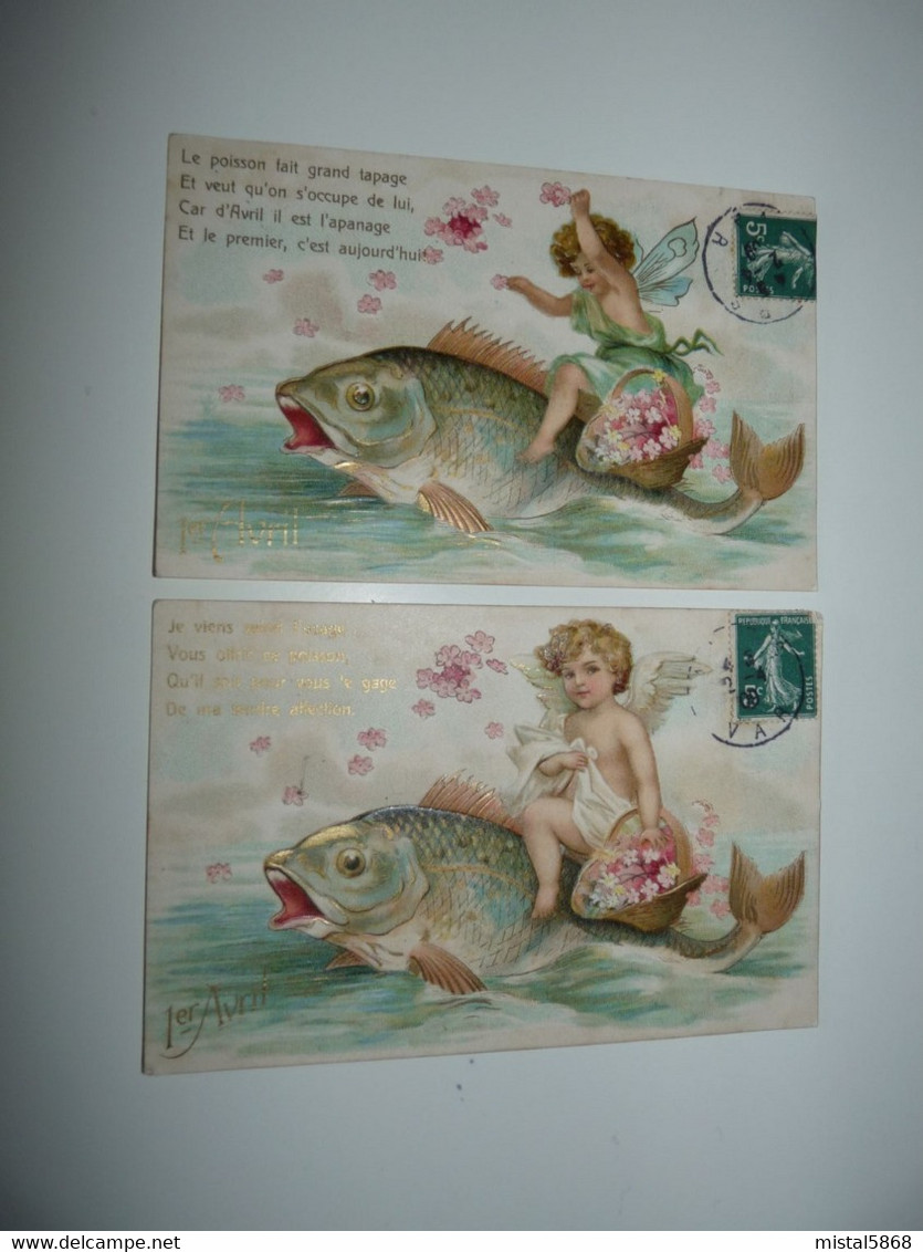 LOT 2 CPA GAUFREES ANGES CHEVAUCHANT POISSON 1ER AVRIL REFLETS OR - Anges