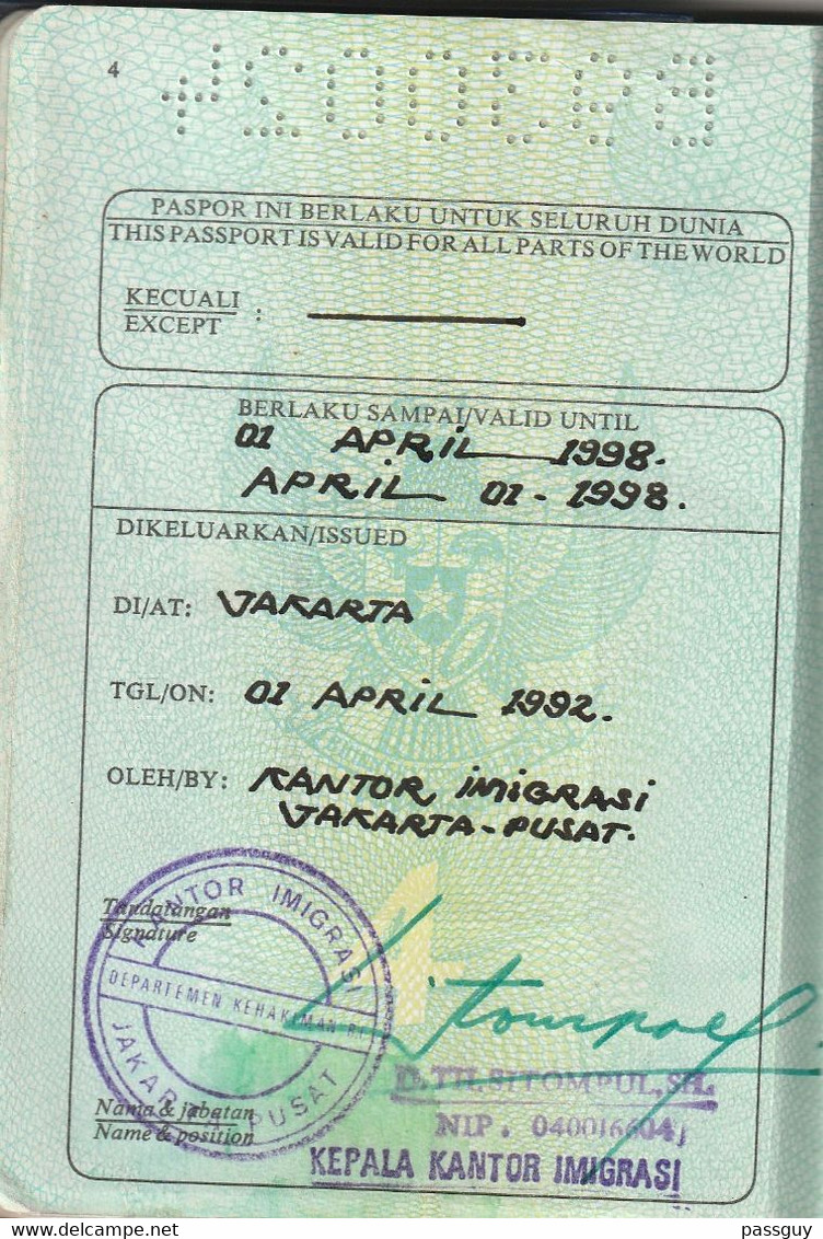 INDONESIA Passport  1992 INDONESIE Passeport– Reisepaß - Documenti Storici