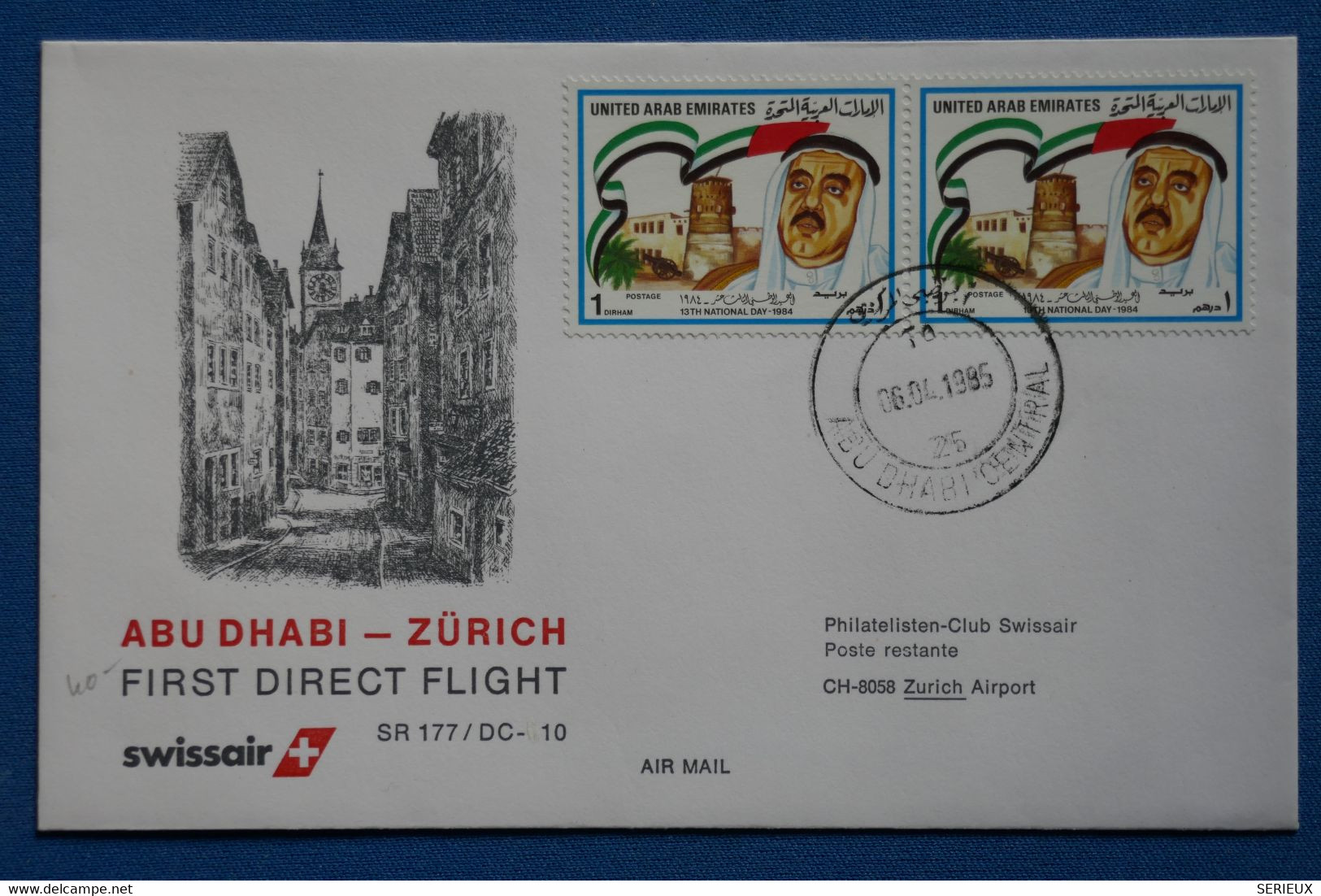 S9 UN. ARAB EMIRATES BELLE LETTRE 1985  1ST DIRECT FLIGHT ABHU DHABI POUR ZURICH  SUISSE + PAIRE DE T.P+ AFF . PLAISANT - Abu Dhabi