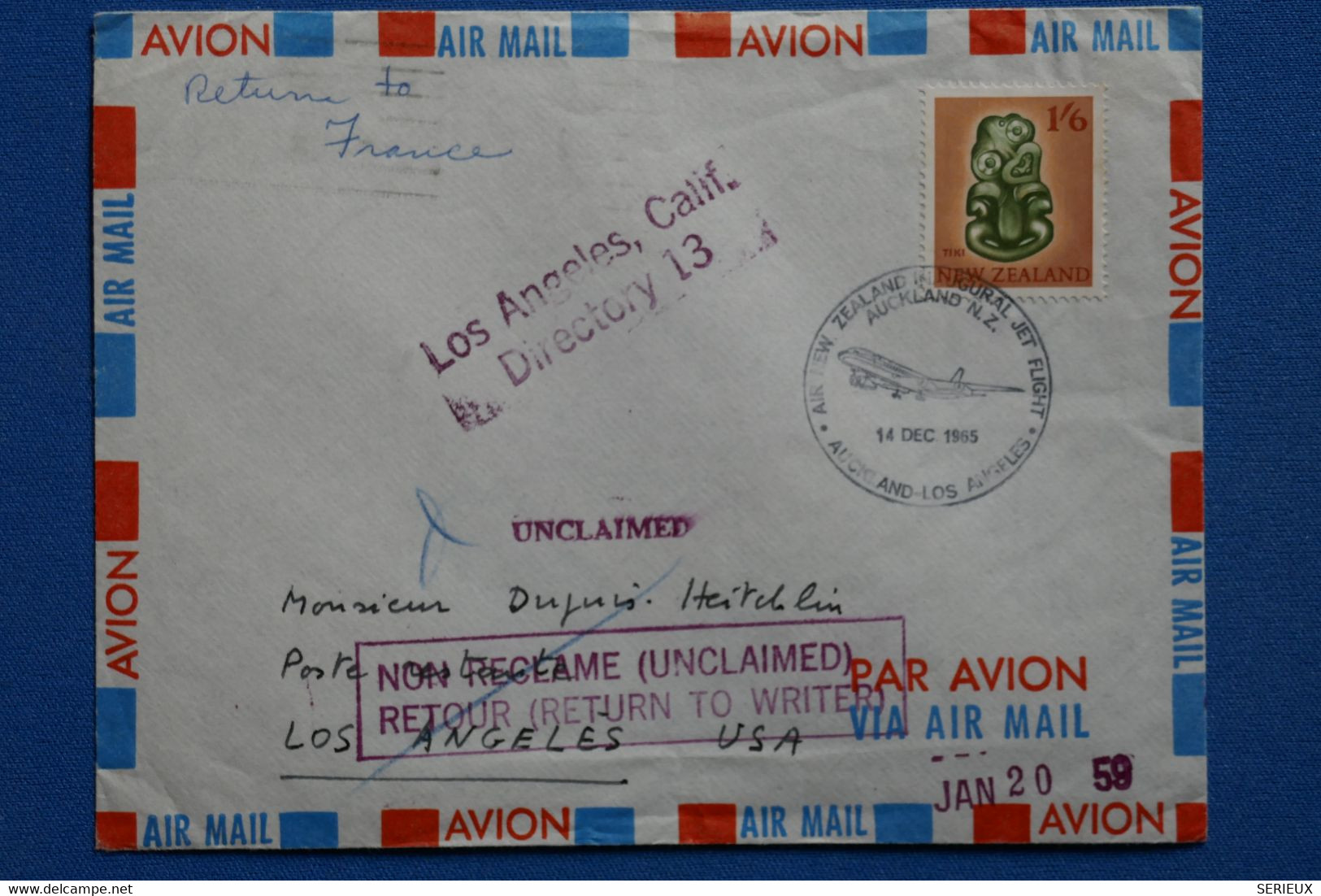 S9 NEW ZEALAND BELLE LETTRE 1965 IST FLIGHT AUKLAND POUR LOS ANGELES USA ET FRANCE RETOUR+ AFFRACH. INTERESSANT - Airmail