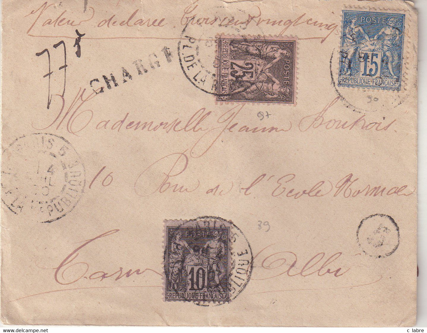 FRANCE : AFFRANCHISSEMENT A 50 Cts . TYPE SAGE . CHARGE . " PARIS 5 PL DE LA REPUBLIQUE " . 1890 . - 1877-1920: Semi-Moderne