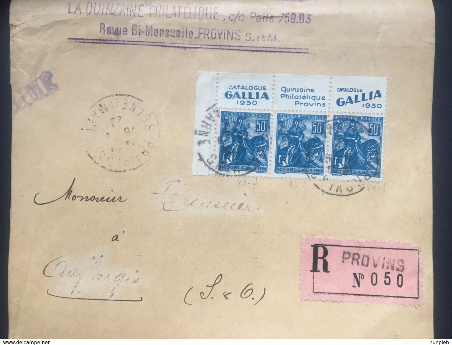 FRANCE - La Quinzaine Philatelique Provins - Joan Of Arc Selvedge + Cachet + Registered Provins - Front Of Cover - Storia Postale