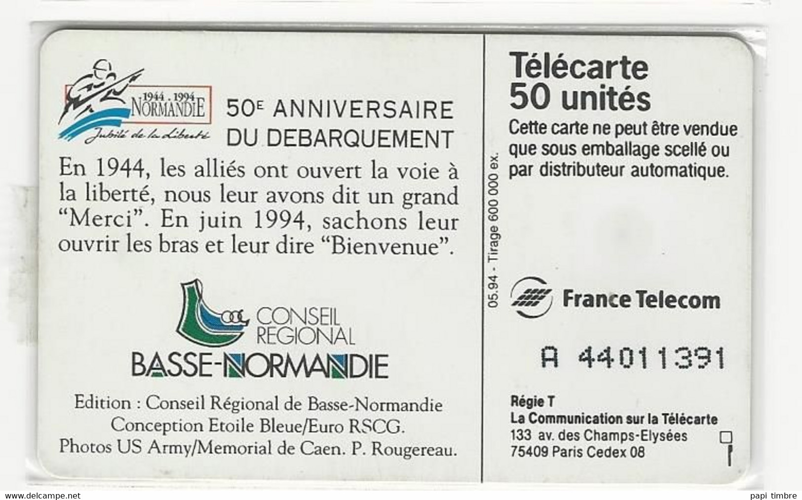 Télécarte - 50ème Anniversaire Du Débarquement - Leger