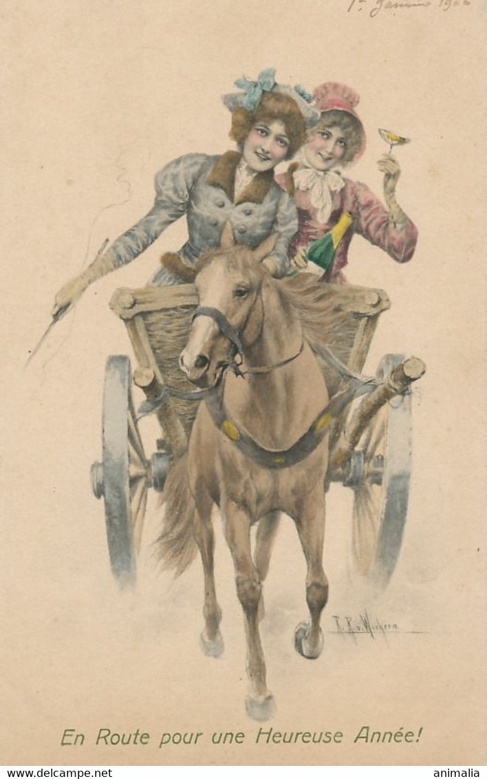 Wichera Hand Colored Horse Cart With Beautiful Girls Drinking Champagne  MM Vienne 206 - Wichera