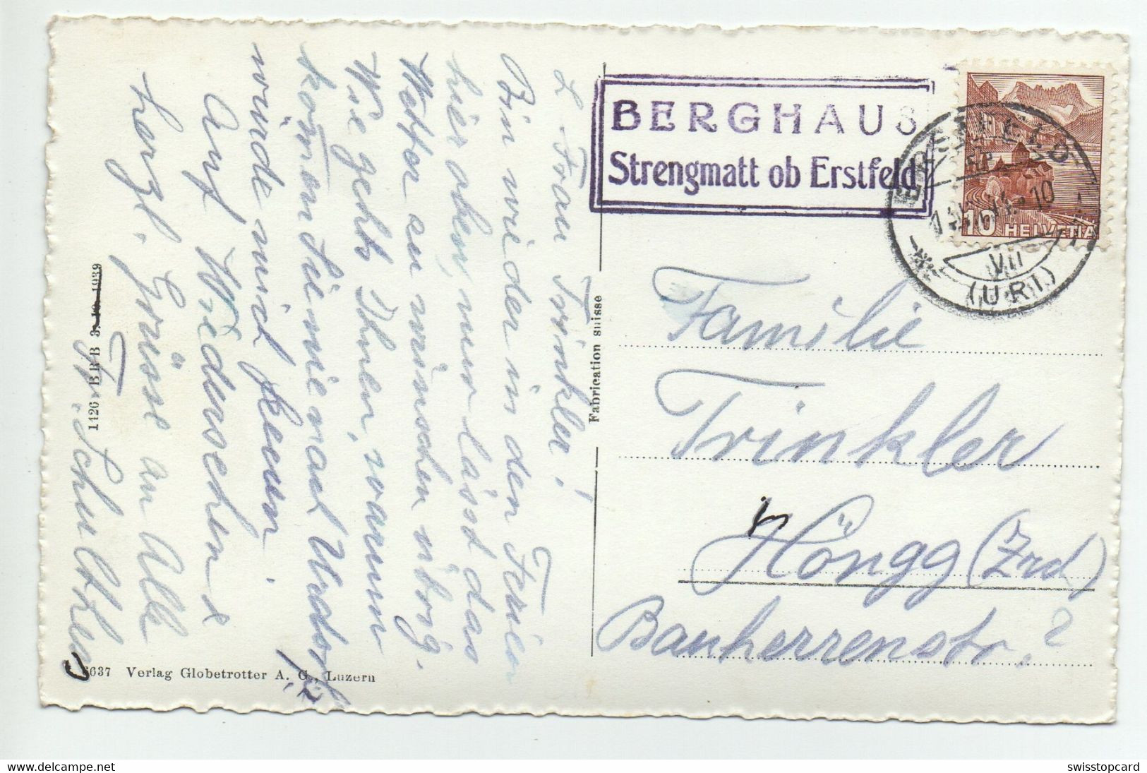 ERSTFELD Ferienheim Strengmatt Mit Belmeten Gel. 1944 Stempel Berghaus - Erstfeld